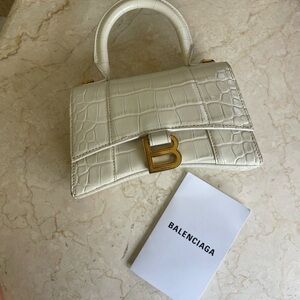Balenciaga Shiny Calfskin Crocodile Embossed Hourglass Tophandle